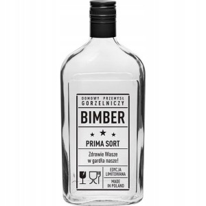 Szklana butelka z napisem Bimber Prima Sort 0,5 l