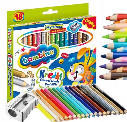 Kredki szkolne drewniane grube + temperówka 18 szt