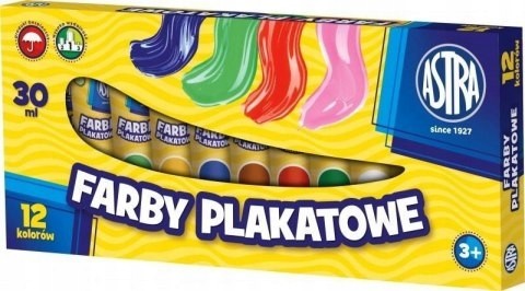 Farby plakatowe szkolne w tubach 12 kolorów 30 ml