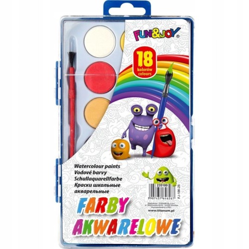 Farby akwarelowe szkolne 18 kolorów + pędzelek F&J