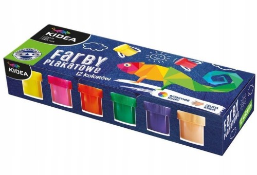 Farby plakatowe szkolne 12 kolorów 20 ml Kidea