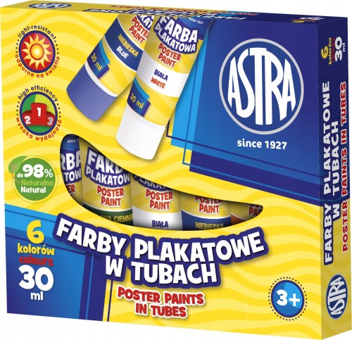 Farby plakatowe w tubach szkolne 6 kolorów 30 ml