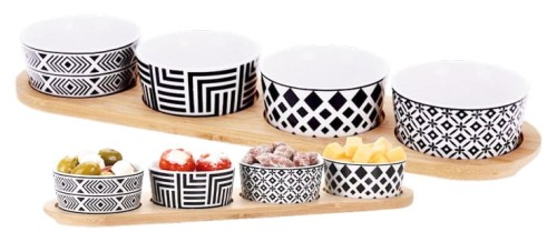 Miseczki na przekąski czarno-białe 4 szt + taca