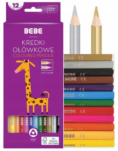 BEBE Kredki ołówkowe trójkątne dla dzieci 12 kolorów