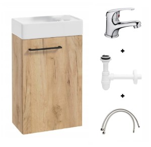 Szafka z umywalką wisząca 40 dąb craft i bateria chrom kompaktowa Small