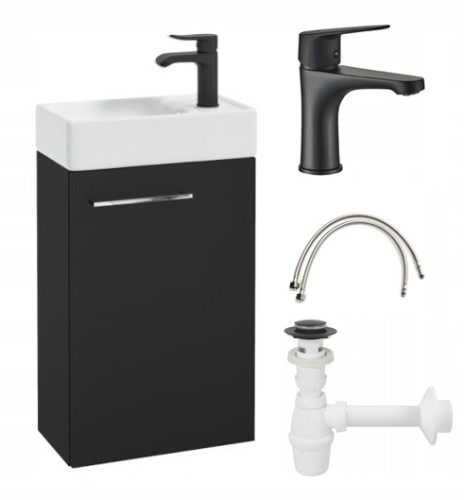 Szafka łazienkowa wisząca z umywalką czarna 40 i baterią czarną Small