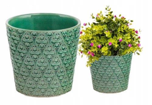 Osłonka na kwiaty ceramiczna zielona ozdobna 13,5 x 13 cm