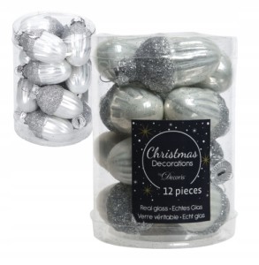 Bombki srebrne szklane żołędzie zestaw 12 sztuk 3x4cm