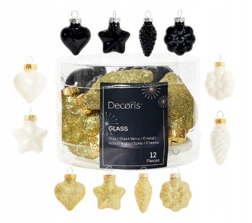Bombki szklane złoto-czarno-białe zawieszki zestaw 12 sztuk