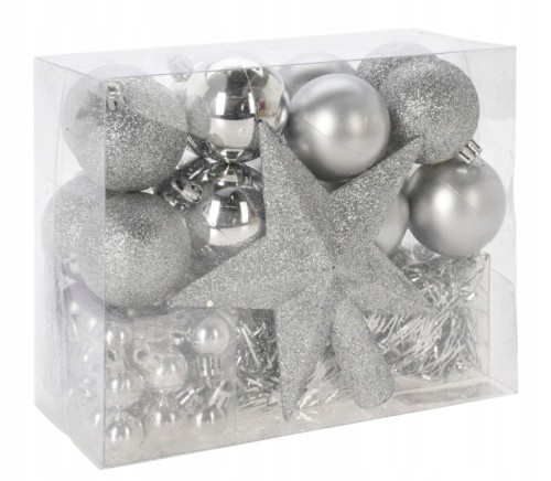 Zestaw bombek i ozdób świątecznych z gwiazdą srebrny 54 szt