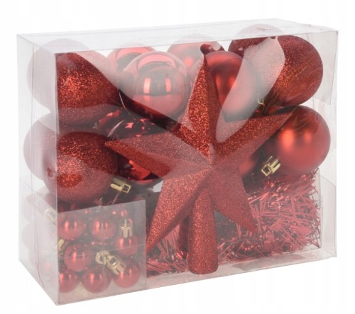 Zestaw bombek i ozdób świątecznych z gwiazdą czerwone 54 szt