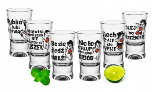 Kieliszki do wódki ze śmiesznymi napisami 25 ml 6 sztuk