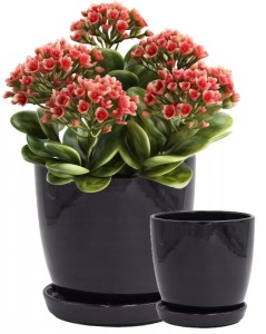 Doniczka ceramiczna z podstawką czarna 18 cm