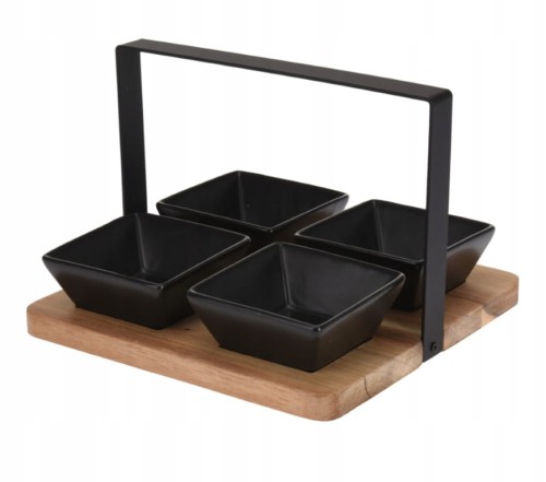 Miseczki na przekąski 4 szt + deska akacjowa z uchwytem