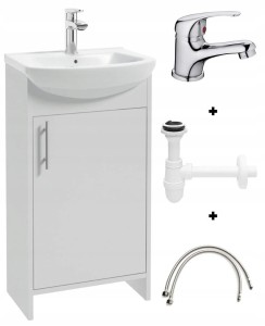 Zestaw szafka biała z umywalką 45 cm i baterią chrom kompaktową i syfon Frigo