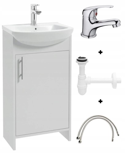 Zestaw szafka biała z umywalką 45 cm i baterią chrom kompaktową i syfon Frigo
