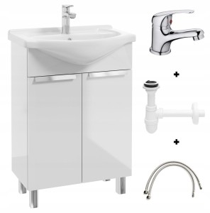 Zestaw szafka biała z umywalką bateria chrom i syfon 60x85 cm Lily