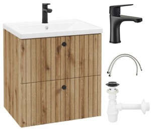 Zestaw szafka łazienkowa 60 cm dąb evoke lamele z umywalką baterią i syfonem Rietti