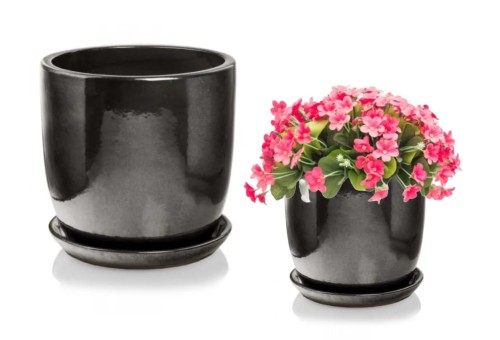 Doniczka ceramiczna z podstawką grafitowa minimalistyczna 23x20cm 