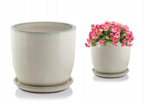 Doniczka ceramiczna z podstawką kremowa okrągła 31x27cm 