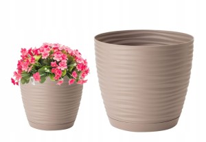 Doniczka z podstawką okrągła plastikowa beżowa 12,7x11,8cm