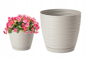 Doniczka z podstawką okrągła jasnoszara 12,7x11,8cm plastikowa