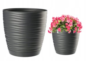 Doniczka z podstawką okrągła antracytowa plastikowa 17x15,4cm 