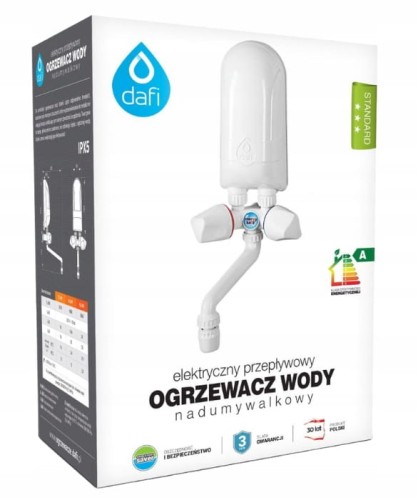 Przepływowy ogrzewacz wody 4,5kW nadumywalkowy z białą baterią