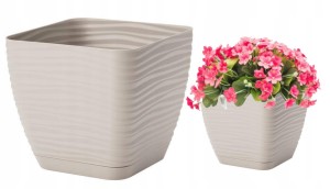Doniczka z podstawką plastikowa jasnoszara 10,7x10cm kwadratowa