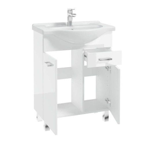 Szafka łazienkowa stojąca na nóżkach z umywalką biała 55 Mea