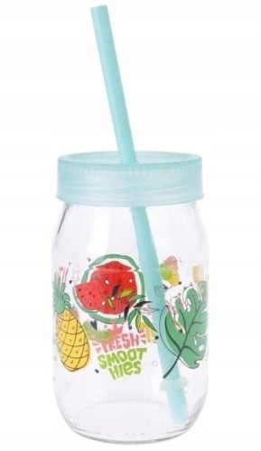 Kubek szklany z zakrętką i słomką 370 ml 