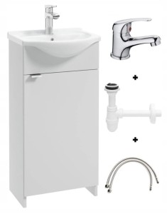 Szafka łazienkowa z umywalką 40 stojąca biała z syfonem i baterią chrom Kredo