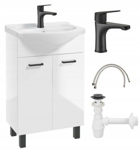 Szafka łazienkowa z umywalką biały połysk 84x55 Mea z baterią i syfonem