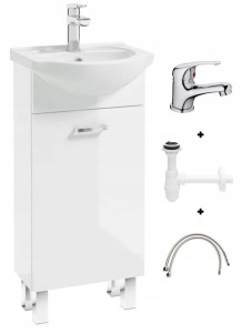 Szafka łazienkowa biała z umywalką 40x84 cm stojąca z baterią kompaktową chrom Mea