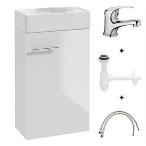 Szafka łazienkowa z umywalką wisząca 60x40 biały połysk i bateria chrom kompaktowa Small 