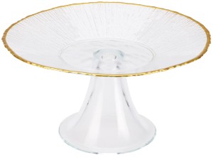 Patera szklana dekoracyjna na ciasto na nóżce 21 cm ze złotą obwódką