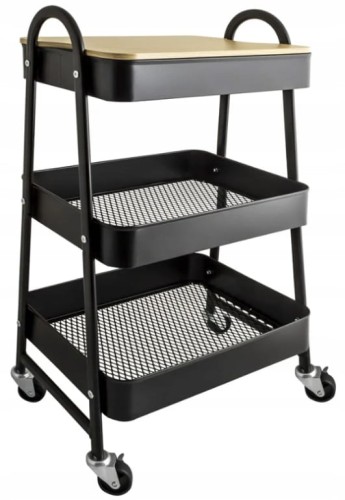 Regał na kółkach łazienkowy czarny 3 półki stal malowana + MDF 78,5x52 cm