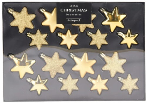 Zestaw 16 bombek choinkowych 6cm Złote gwiazdki 