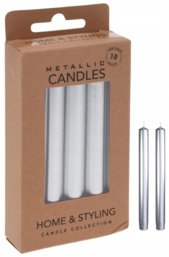 Zestaw 10 mini świec obiadowych srebrnych 10cm 