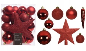 Zestaw 33 czerwonych ozdób choinkowych Bombki + sople + gwiazda