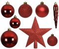 Zestaw 33 czerwonych ozdób choinkowych Bombki + sople + gwiazda