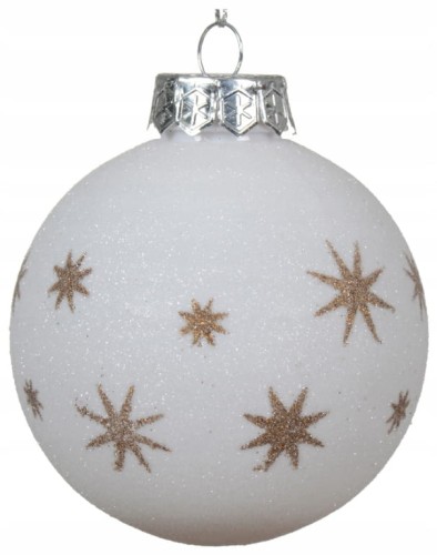 Bombka choinkowa 8cm Biała brokatowa w złote gwiazdki
