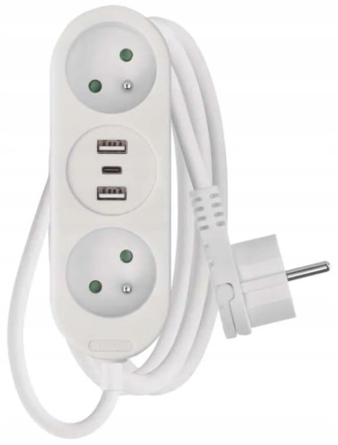 Przedłużacz listwowy biały 2 gniazda + 2xUSB A + USB C 2m 