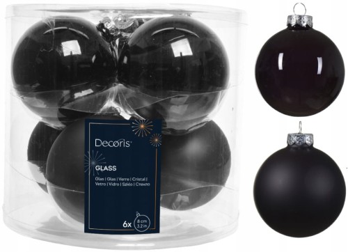 Zestaw 6 czarnych szklanych bombek choinkowych 8cm 