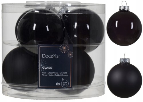 Zestaw 6 czarnych szklanych bombek choinkowych 6cm