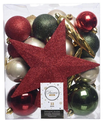 Zestaw ozdób na choinkę bombki mix z gwiazdą 33 szt
