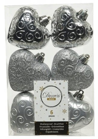 Bombki na choinkę nietłukące serduszka 6 szt srebrne 6 cm