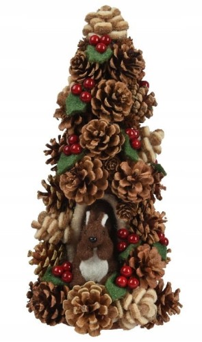 Świąteczna choinka z szyszek z filcowymi dekoracjami 17x35cm 