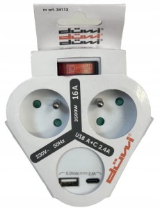 Rozgałęźnik wtyczkowy z wyłącznikiem i uziemieniem 2x2P+Z + USB typ A i C