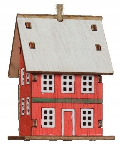 Zawieszka drewniana na choinkę 4,5x6x7cm Kolorowy domek z jutowym sznurkiem